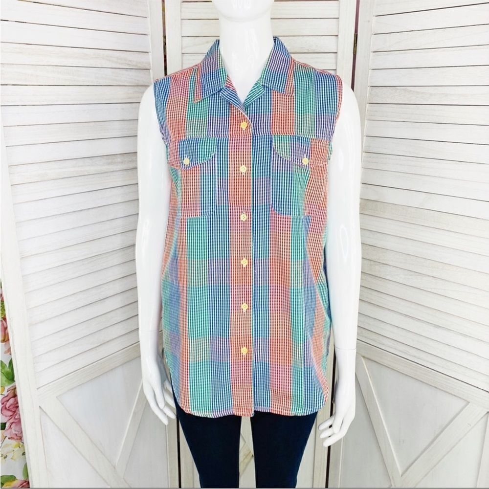 Bill Blass Check Color Block Sleeveless Button Front Shirt Multicolor‎ Small